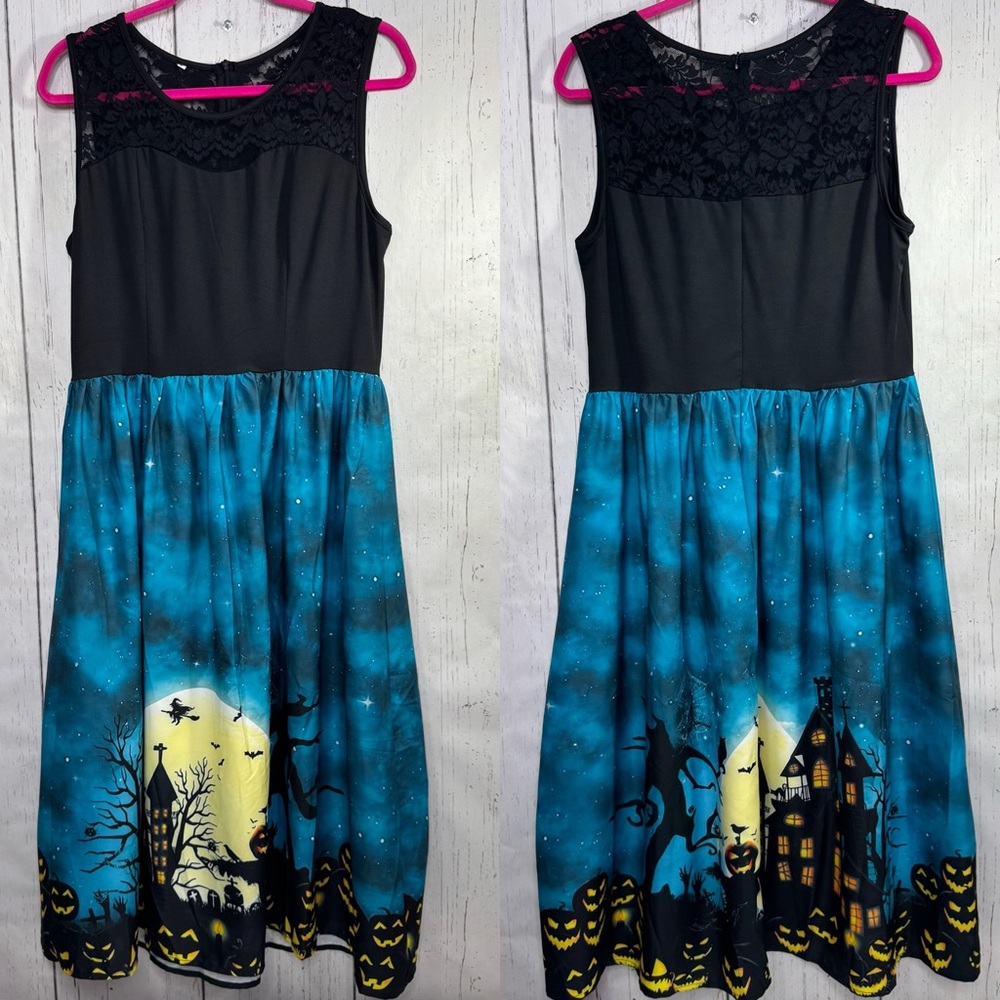 Halloween Haunted House Pumpkin Witch Print Lace Midi Dress Gothic Spooky Size L - Picture 5 of 16